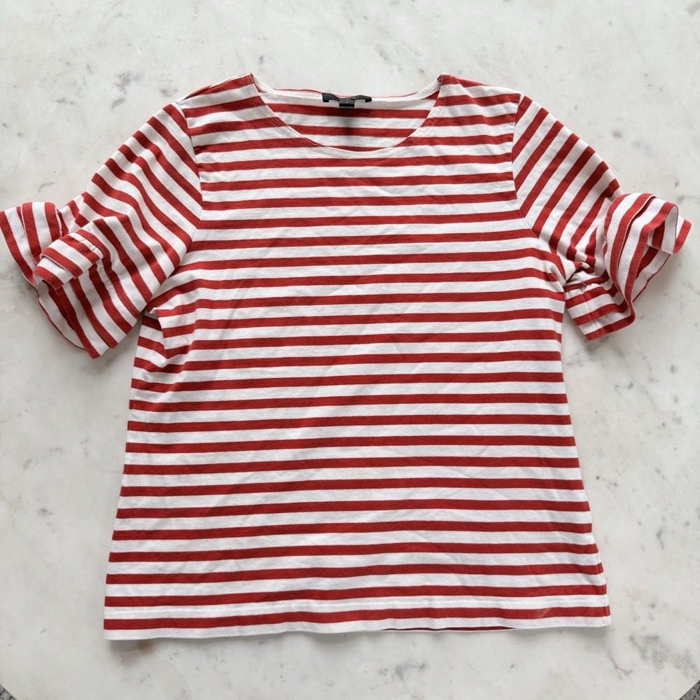J‎ Crew Ruffle Sleeve Tee Red/White Stripe Womens S Short Sleeve Beach Nautical